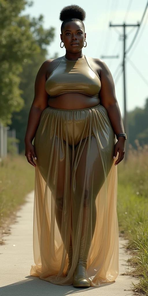 MASSIVE HIPS, MASSIVE BUTTOCKS, translucent (khaki plastic) leg warmers, UHD, She's a dark skin melanin Goddess, translucent puffy MASSIVE sleeves skirt, rural sidewalk, with infinitely small waist, tiny thin waistline, tiny waist, high top fade cut, no nudity