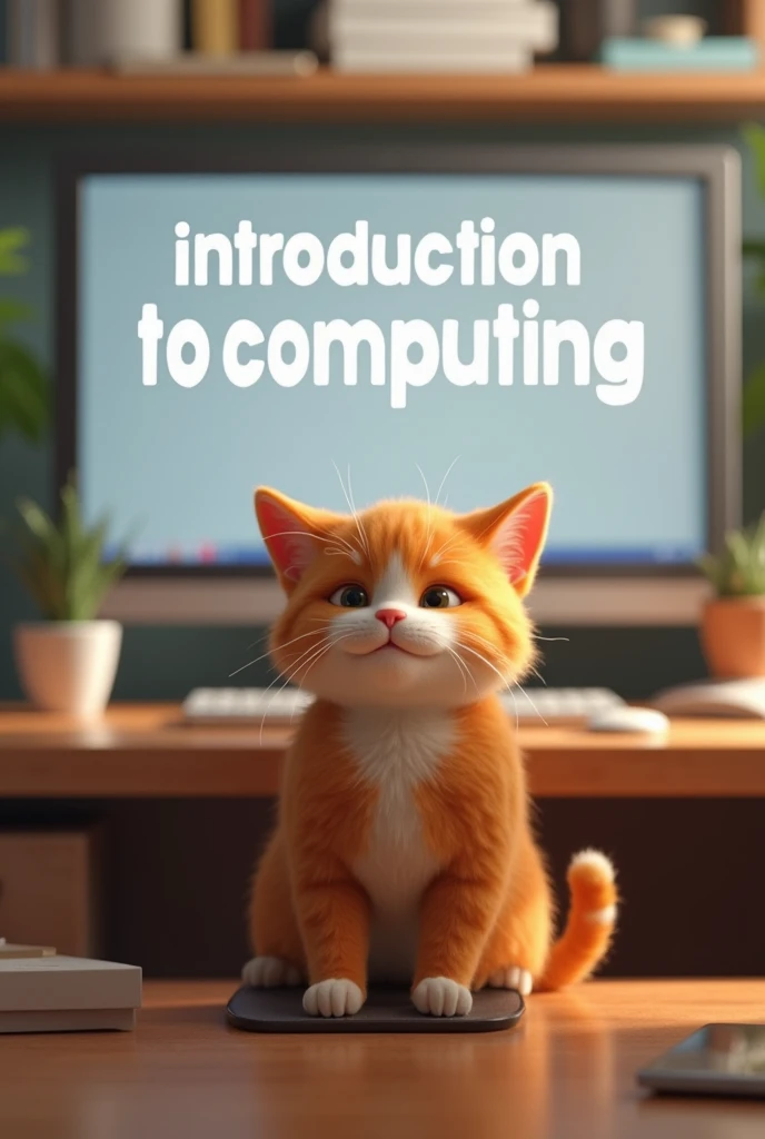 an animated Ragdoll cat sitting in a desk chair in front of a desk and there is a computer and its monitor and on the screen is written "introduction to computing" with a gray background
