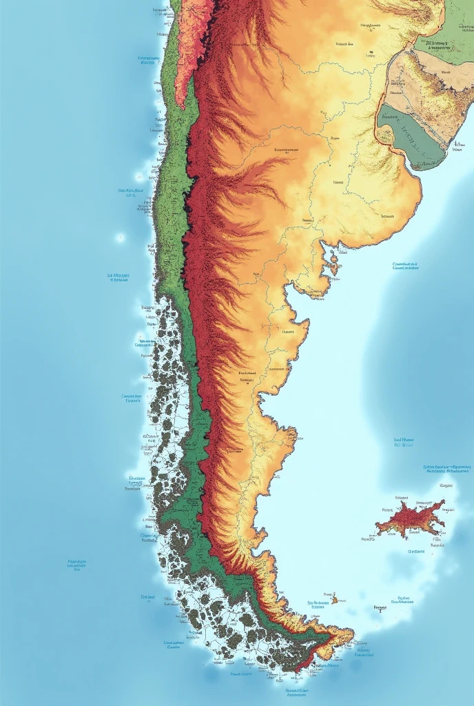 Create an image of a map of Chile highlighting the areas of greatest seismic and volcanic risk.