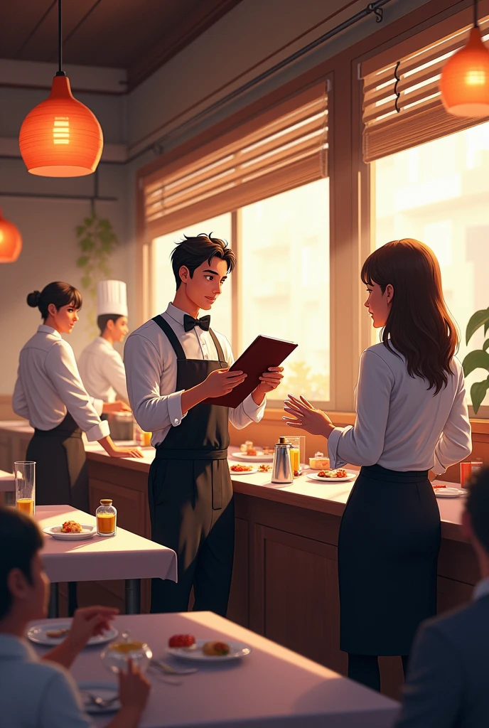 One waiter giving menu and one person managing cost of meal on counter and two is chef making food one left side of images on right side waiter serving meal and on center on e waiter Asking review one asking there are coustomer eating happily in restaurant