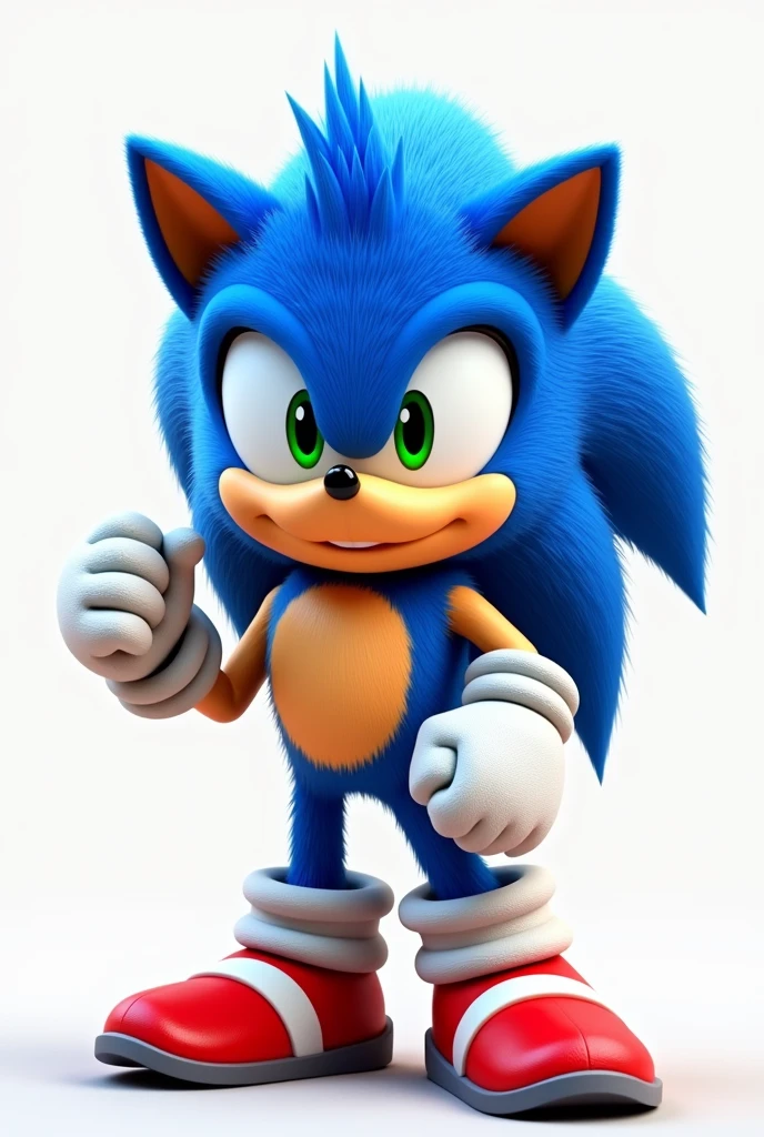 A blue hedgehog with spikes on its head, a skin-colored belly, white gloves, red boots with a white line on the boot, and green eyes. 