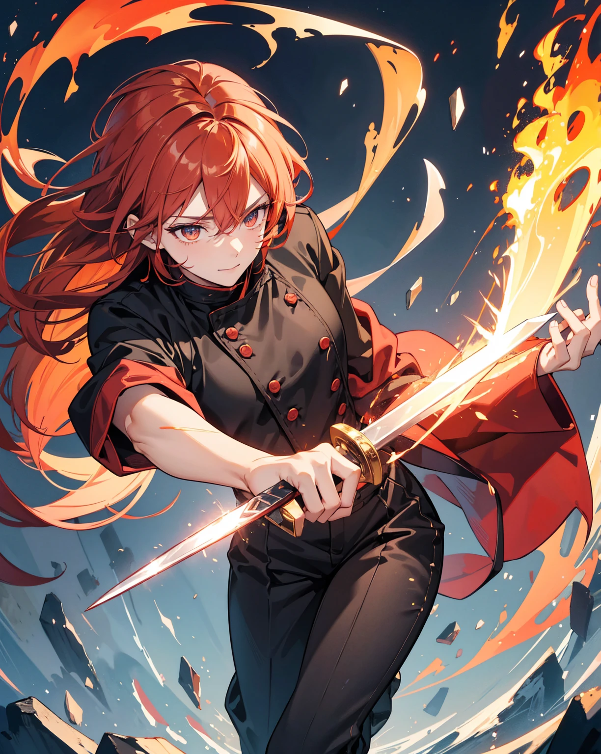 23-year-old male, 180cm tall, androgynous beauty, sharp golden eyes, short messy flame-red hair with a single vibrant red streak, medium build, ethereal appearance, wearing a disheveled black dress shirt with rolled-up sleeves, black skinny pants, holding a chef's knife surrounded by magical flames, sword master, various floating cooking utensils emitting sparks and embers, twilight sky background, reflective water surface, detailed anime style illustration, intense expression with slight smile, hidden power aura, culinary magic theme, fire and sparks swirling around the character