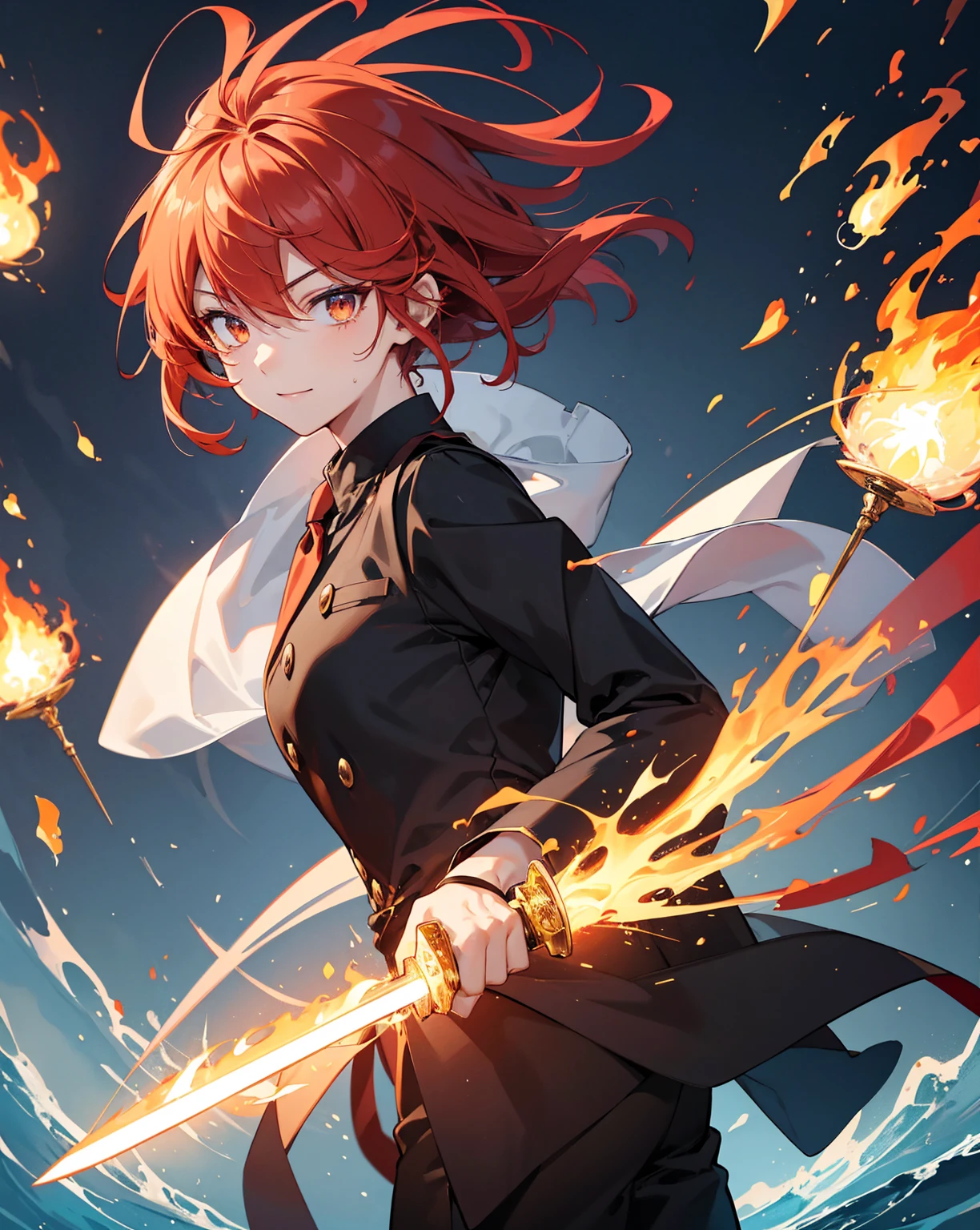 23-year-old male, 180cm tall, androgynous beauty, sharp golden eyes, short messy flame-red hair with a single vibrant red streak, medium build, ethereal appearance, wearing a disheveled black dress shirt with rolled-up sleeves, black skinny pants, holding a chef's knife surrounded by magical flames, sword master, various floating cooking utensils emitting sparks and embers, twilight sky background, reflective water surface, detailed anime style illustration, intense expression with slight smile, hidden power aura, culinary magic theme, fire and sparks swirling around the character