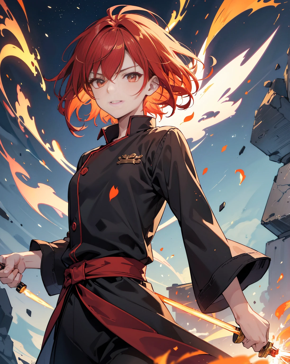 23-year-old male, 180cm tall, androgynous beauty, sharp golden eyes, short messy flame-red hair with a single vibrant red streak, medium build, ethereal appearance, wearing a disheveled black dress shirt with rolled-up sleeves, black skinny pants, holding a chef's knife surrounded by magical flames, sword master, various floating cooking utensils emitting sparks and embers, twilight sky background, reflective water surface, detailed anime style illustration, intense expression with slight smile, hidden power aura, culinary magic theme, fire and sparks swirling around the character