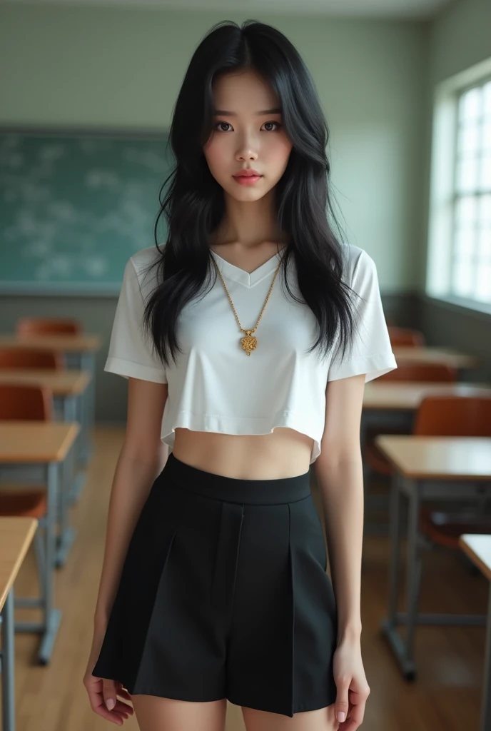 Prompt : Beautiful girl with smooth skin,
black hair, dark eyeshadow, gold pendant (beautiful bra, G shape),
wearing a Thai student uniform, a white short-sleeved shirt, a black short skirt,
a tight fit, standing and posing in a classroom. The background is a classroom,
student desks and chairs. The most realistic picture.high quality, 8k, Ultra detailed, hdr, human only,