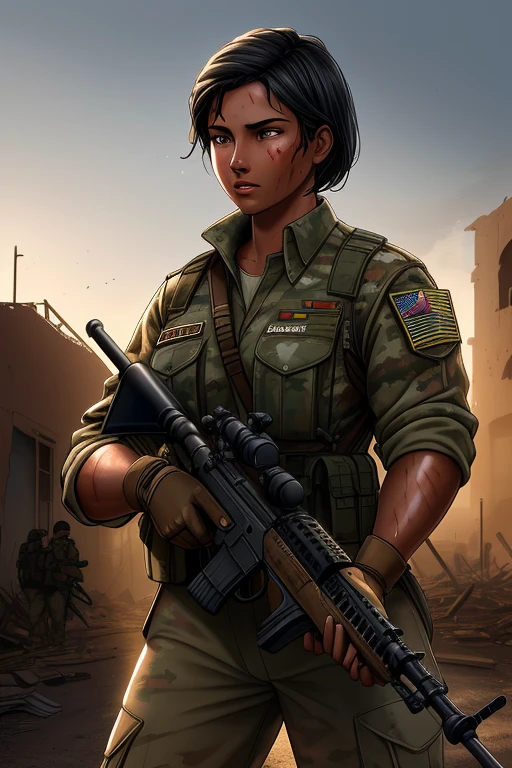 A breathtaking masterpiece that brings photorealism to life with exceptional attention to detail. (26 year old:1.3), (Mixed race Guatemalan-Navajo), (Short black hair:1.3), (tanned bronze skin:1.4), (Wearing: USA marine corps uniform, camouflage military uniform, armor and gloves), fighting on the battlefield, strong muscles, face stained with mud and blood, sweaty skin, bloody skin, mud-stained skin, army girl, rifle, (aiming and holding rifle: 1.3), soldier girl, infantry girl, expression of determination, rigorous expression, shootout, (Background: Set during the 2003 invasion of Iraq, on the empty streets of an Iraqi village, warzone, ruined buildings, debris is the surroundings), highest quality, ultra-high resolution, absurdity, realistic, physically based rendering, cinematic lighting, complex and cinematic appearance, cinematic soft light, soothing tone, photorealistic, cowboy shot, dynamic angle
