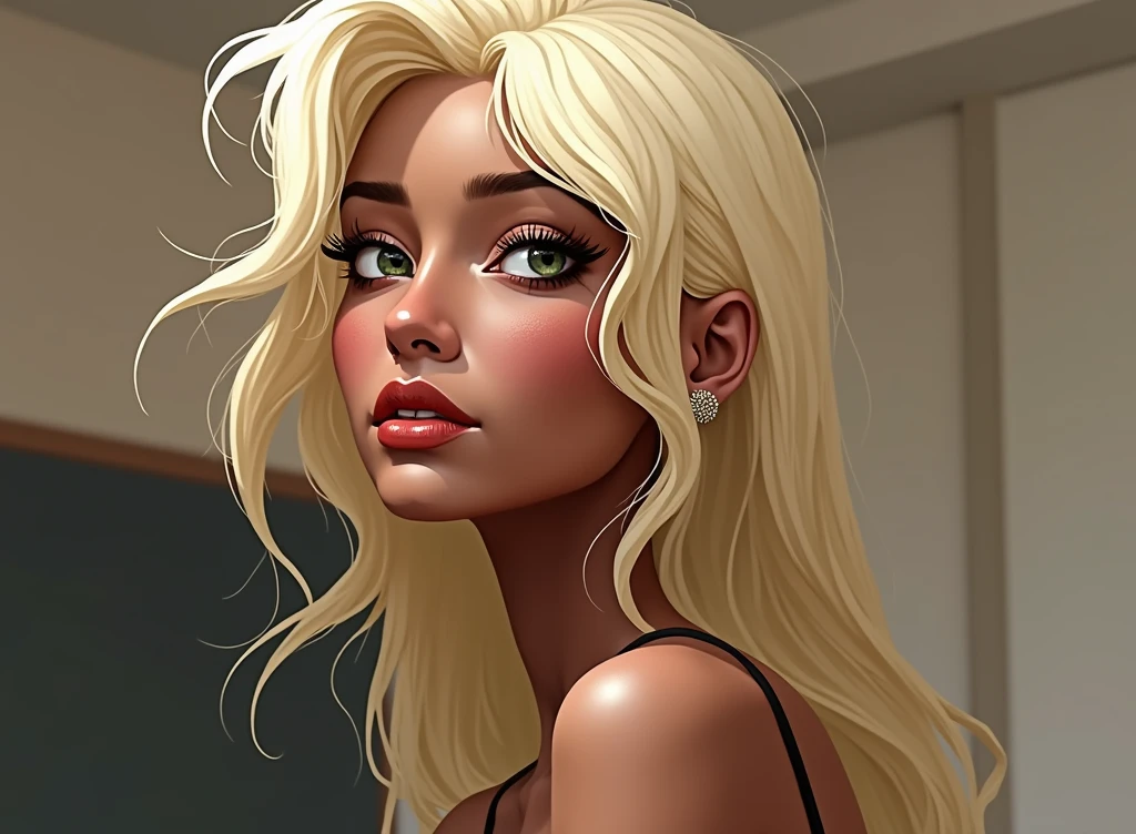 The woman is black, but the skin is a lighter dark, straight blonde hair.