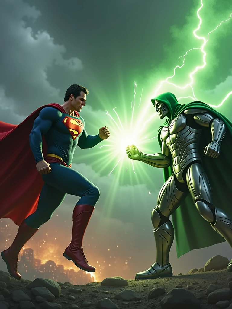 "Create a highly detailed and dynamic 4K Ultra HD image of Superman in an intense battle with Dr. Doom. Superman, wearing his classic red and blue suit with the iconic 'S' emblem, is flying mid-air, fists clenched, ready to strike. Dr. Doom stands his ground, clad in his metallic armor and green cloak, using a combination of advanced technology and mystical powers. A fierce green energy blast is emanating from Dr. Doom's hands, clashing with Superman's heat vision, creating an explosive energy collision in the center. The background features a dark, stormy sky above a futuristic, crumbling cityscape, adding to the epic scale of the battle. The lighting should be dramatic, with intense contrasts, capturing the raw power and tension between the two iconic characters."