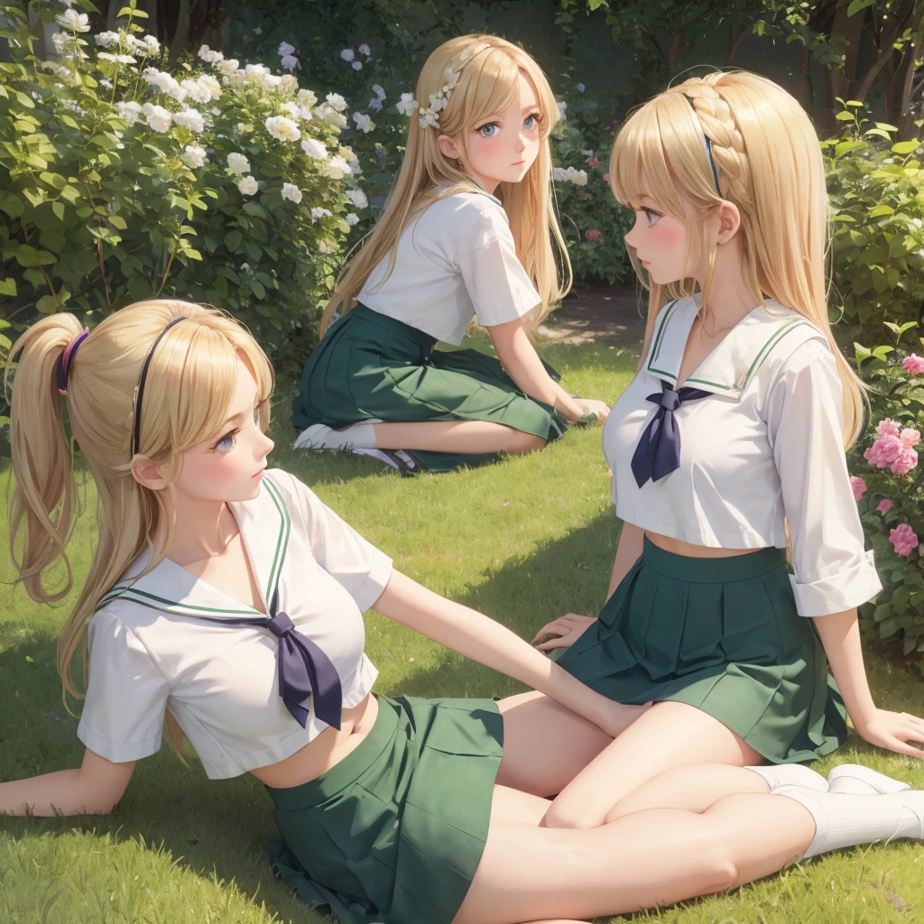 3 girls, organize , long hair, Big breasts , blush, blond, Green eyes, Sailor suit cropped top,1933 style,cute and beautiful girl,open collar shirt,In the garden,Beautiful long legs,High resolution, best quality, masterpiece, Lift up skirt, lift up top, reveal navel, miniskirt, lying on the wall, side view