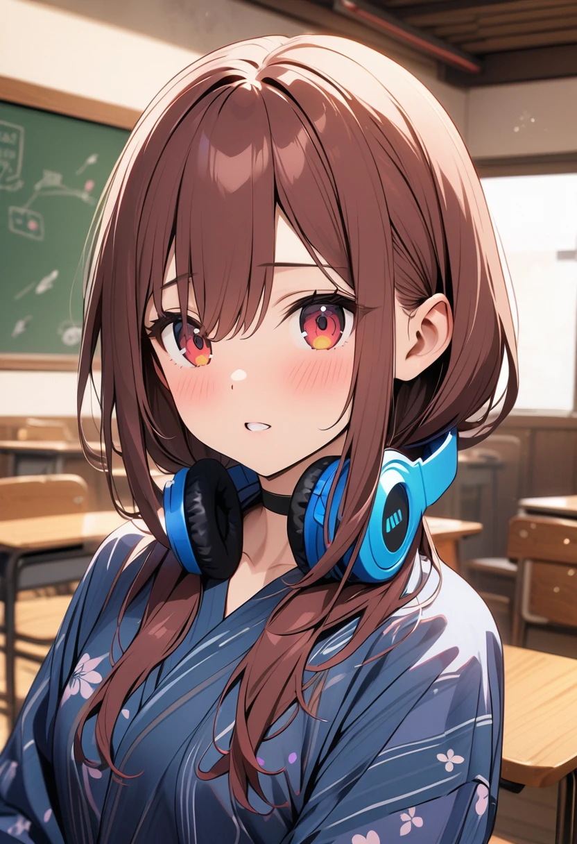 (Highest quality, 4K, 8k, High resolution, masterpiece:1.2), Very detailed, Picturesque, Animated Photography, Photo Animation:1.37)、Japanese girl、(Brown Hair)、(Medium Long Hair)、Fireworks pattern yukata、Black choker、Blue headphones around his neck、classroom、Nakano Miku