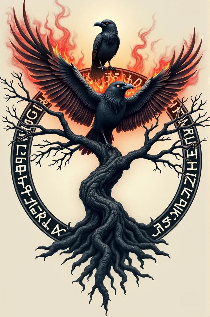 make a tattoo sketch for the back with the tree of life in the center, a flaming raven on one of its branches and Viking runes around it