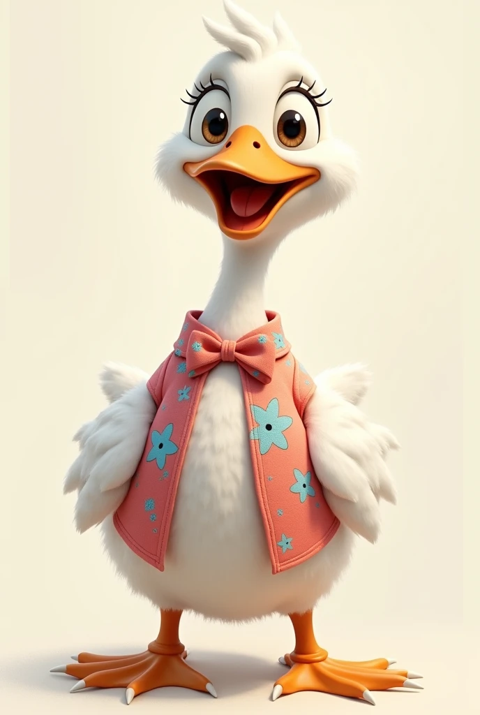 Créez une image d&#39;une oie blanche joyeuse qui regarde la caméra avec un regard animé et exagéré. L&#39;oie devrait avoir de grandes, yeux expressifs et la bouche fermée, et un arrondi, Forme douce du corps. Le personnage doit être habillé d&#39;une chemise rouge claire ouverte avec des fleurs bleues, peut-être avec des motifs lumineux ou un accessoire amusant comme un nœud papillon ou une écharpe, reflétant une personnalité vibrante et énergique.