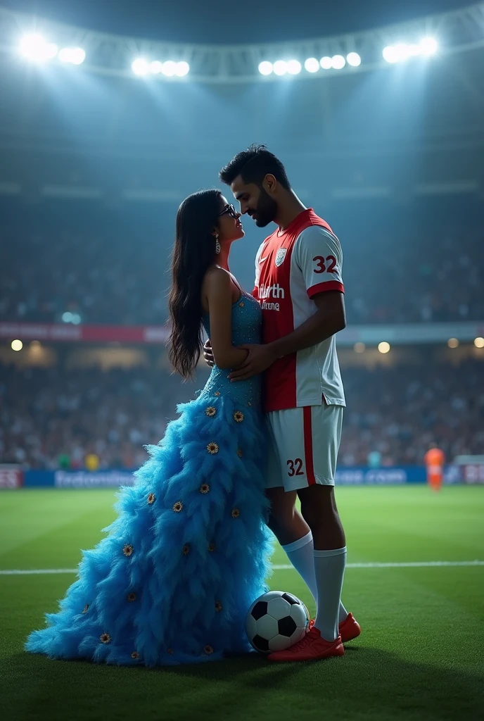 A man and woman kissing eachother in football stadium ground at night time all spot light on them woman is wearing glasses and had black hair . Woman is wearing blue dress high heels and a lab coat over dress. Man is wearing white and red colour 32 number jersey. Siddharth written on jersey. Woman is cupping man s face . Man s one foot resting on a soccer ball. Man is 1 feet taller than woman. Add some audiance in stedium . Make man s tall than woman . Make it realstic. Make them indian.make boy handsome . Make dress long, floral and fluffy. Remove lab coat. Dress is long below knee . Man is tall