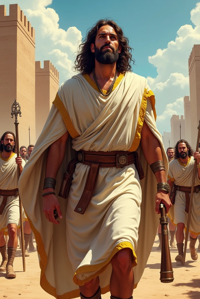 Comic style wallpaper in 4K: Joshua, the biblical leader, depicted in a realistic comic style. He wears a linen tunic with gold edges., reflecting ancient Hebrew clothing. In one hand he holds a shofar (ram&#39;s horn trumpet). Behind him, An Israelite army is shown in formation, with soldiers dressed in similar tunics and armed with swords and spears. The background features a dramatic view of the walls of Jericho, with a desert landscape that accentuates the scene. The design should capture a vibrant and dynamic style, with vivid colors and exaggerated details, highlighting the determination, el coraje y la fe de Joshua en un contexto épico.
