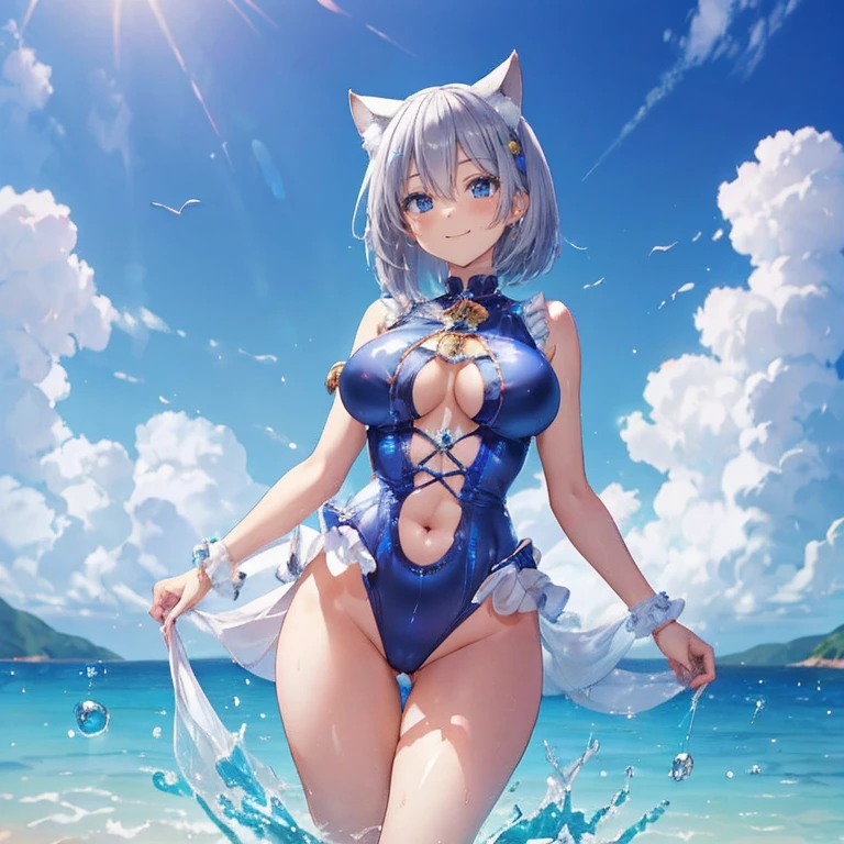 Anime Kawaii sexy Perfect Slim sensual body large breast and huge thighs, An intricate and highly detailed illustration of anime (Young girl) (((best quality)), ((masterpiece)), (details), masterpiece, best quality, high quality, ulutra detailed, perfect face, ((1girl, blue eyes, cat ears: 1.3 silver bob hair: 2.5,)) 、Shiny Hair、Glowing Skin、blush、Lustful look、coastal、Water Play、holding water pistol、Splash、smile、blue sky、A big rainbow shines、One-piece swimsuit with frills、