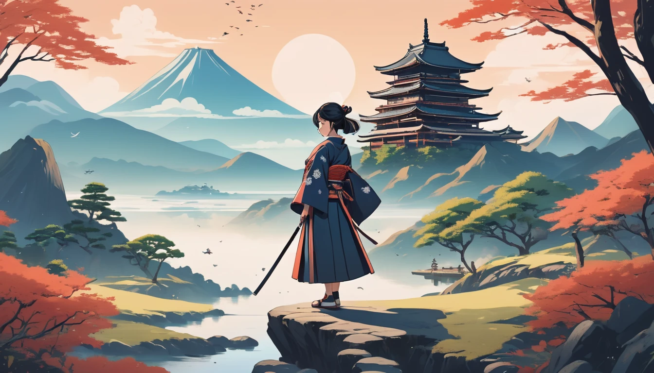 Female samurai、Background Japan landscape、Wide-angle lens, Lofi Anime, Lofi illustration, Aesthetic atmosphere, Lo-Fi Style, Vector art, Flat Design, Simple shape, Warm tones, Pleasant atmosphere, Chill, In anime style, Digital drawing, Vector art, Vector logo for t-shirt printing, (Adorable:1.5), (small:1.4), (Playful:1.2), (soft:1.3), (Whimsical:1.1), masterpiece, Highest quality, 8k, Intricate details, grow, Celestial, Mysterious, Picturesque, amazing, Majestic, Magic, Fantasy art, Cover art, dream-like