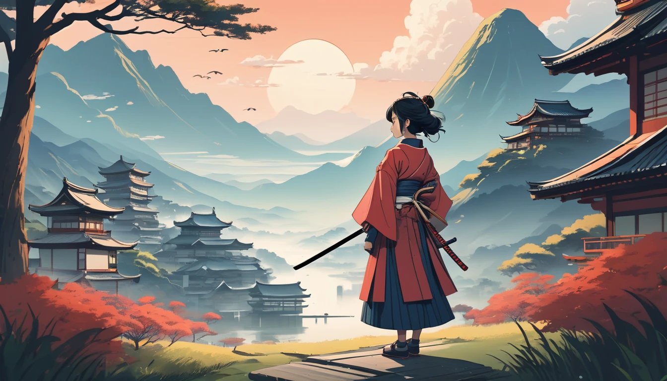 Female samurai、Background Japan landscape、Wide-angle lens, Lofi Anime, Lofi illustration, Aesthetic atmosphere, Lo-Fi Style, Vector art, Flat Design, Simple shape, Warm tones, Pleasant atmosphere, Chill, In anime style, Digital drawing, Vector art, Vector logo for t-shirt printing, (Adorable:1.5), (small:1.4), (Playful:1.2), (soft:1.3), (Whimsical:1.1), masterpiece, Highest quality, 8k, Intricate details, grow, Celestial, Mysterious, Picturesque, amazing, Majestic, Magic, Fantasy art, Cover art, dream-like