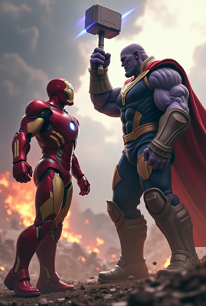 Create a 4k realistic movie picture iron man fighting with Thanos. iron man and Thanos same height and fighting with Thor hammer background end game background