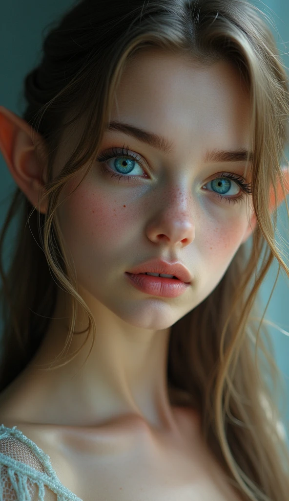 [Core Concept] A captivating elf girl with stunning blue eyes and an intimate, carefully groomed intimate area.

