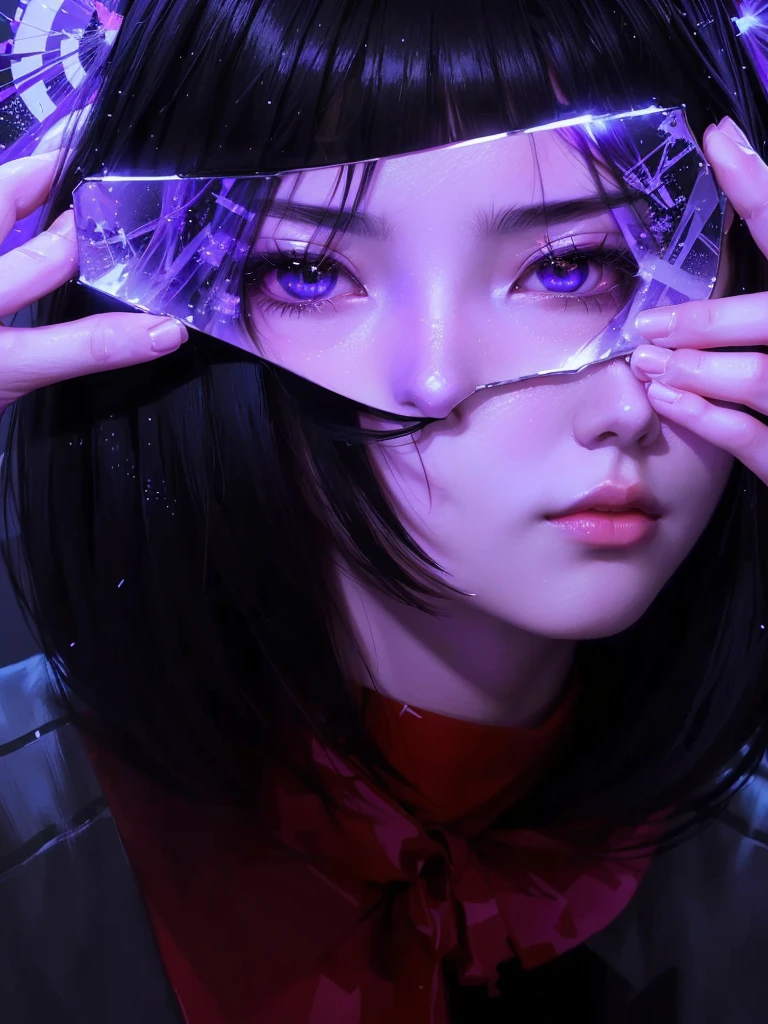 purple and black painting of a Japanese woman with a piece of mirror covering her eyes like a mask, in this piece of mirror are reflected the black eyes of a young Japanese man, a dramatic style involving snow and blood blizzard and death of lov , digital art Ilya Kuvshinov, Ilya Kuvshinov. 4K, Ilya Kuvshinov face, non-style artwork by guweiz, Epic abstract emo girl 3d, stunning digital illustration, advanced anime digital art, digital anime art, cyberpunk anime digital art