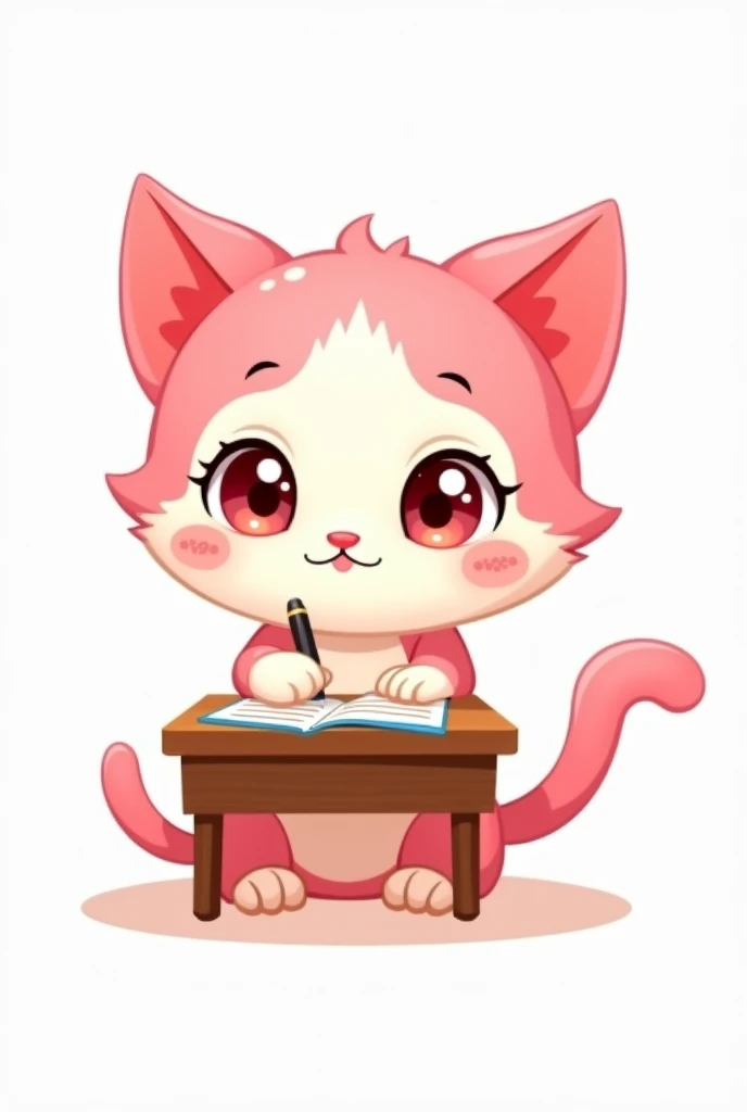 Pink and white cutout cartoon kitten studying in preschool with white background 