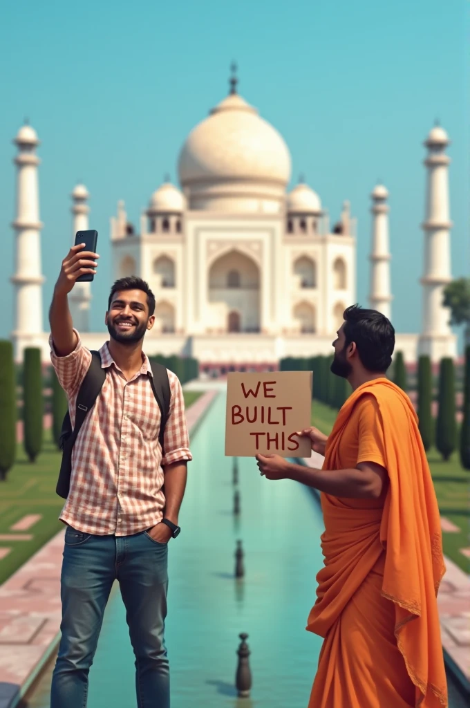 Image of a British person trying to take a selfie with the Taj Mahal in the background, but an Indian person photobombs them with a sign that says "We built this"