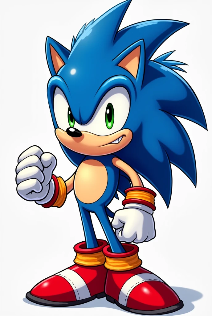 A blue hedgehog with spikes on its head, a skin-colored belly, white gloves, red boots with a white line on the boot, and green eyes. (animated cartoon)