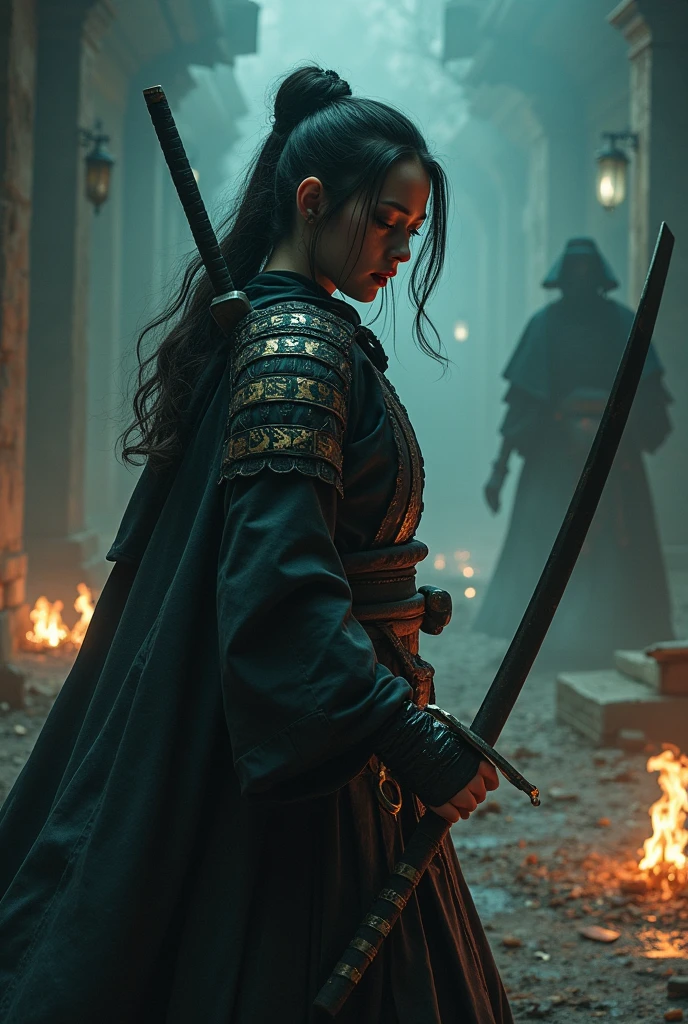 female samurai commits harakiri, (morbid aura), (irony, sarcasm, funny situation), (heavy metal opus), (action-packed film scene), (epic fantasy masterpiece), (detailed faces and bodies), (expression of despair), (macabre mixture of horror and fantasy), (scene from Dungeons & Dragons),