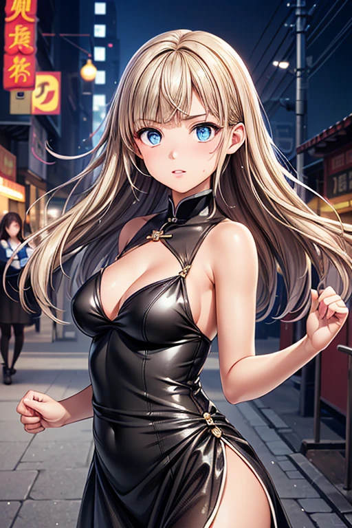 #Basic
A girl posing for a photo, (((One Girl))), (((Baby Face:1.4)) + ((cute:1.4)) + (())),
break
#Clothing Accessories
((black(long)China dress:1.5) : (Shiny) + (Large gold floral embroidery) + ((long丈のスカート部分にサイドスリットが入っている)) + (High neck sleeveless) + (Fits snugly around the waist) + (Elbow hand pockets)), (Black knee-high stockings), (Shiny黒ハイヒール),
(Silver Necklace),
break
#Features
(Blonde:1.2)) + ((blunt bangs:1.5)) + ((longヘア : Straight hair:1.4 + Hair blowing in the wind)),
((Droopy eyes:1.4, Big eyes:1.2), blue eyes), (Small breasts:1.2), (中立的な顔のFeatures), (日焼けしたblack肌:1.4),
break
#background environment
((night, Chinatown, crowd)),
#Facial Expression Pose
((Glare, shout, Open your mouth:1.2)), ((Fighting Pose:1.2、punching:1.2)),
#composition
((Angle from the front:1.2, Cowboy Shot)),
break
#Body parts elements
(Slim figure),
(Symmetrical facial features),
(Detailed Hair, Beautiful Hair, Shiny Hair),
(double eyelid, Long eyelashes, Thin eyebrows:0.5, Thin eyebrows:0.5),
(Expression of fine eyes, Beautiful and delicate eyes, Sparkling eyes, Eye Reflexes, Glitter Eyeliner),
(Human Ear),
(Beautiful Nose, Thin Nose),
(Shiny唇, Beautiful Lips, Thick lips),
(Textured skin, Detailed skin, Textured skin, Beautiful Skin, Oily skin),
break
#quality
(((最高quality)), ((masterpiece:1.3)), ((Very detailed))), ((Ultra-high resolution)), ((16K)), ((1080P)), ((Full HD)),
((Anatomically correct)), ((Realistic)), (3DCG), ((Oil painting)),
((comics, anime)), (CG illustration), (RAW Photos),