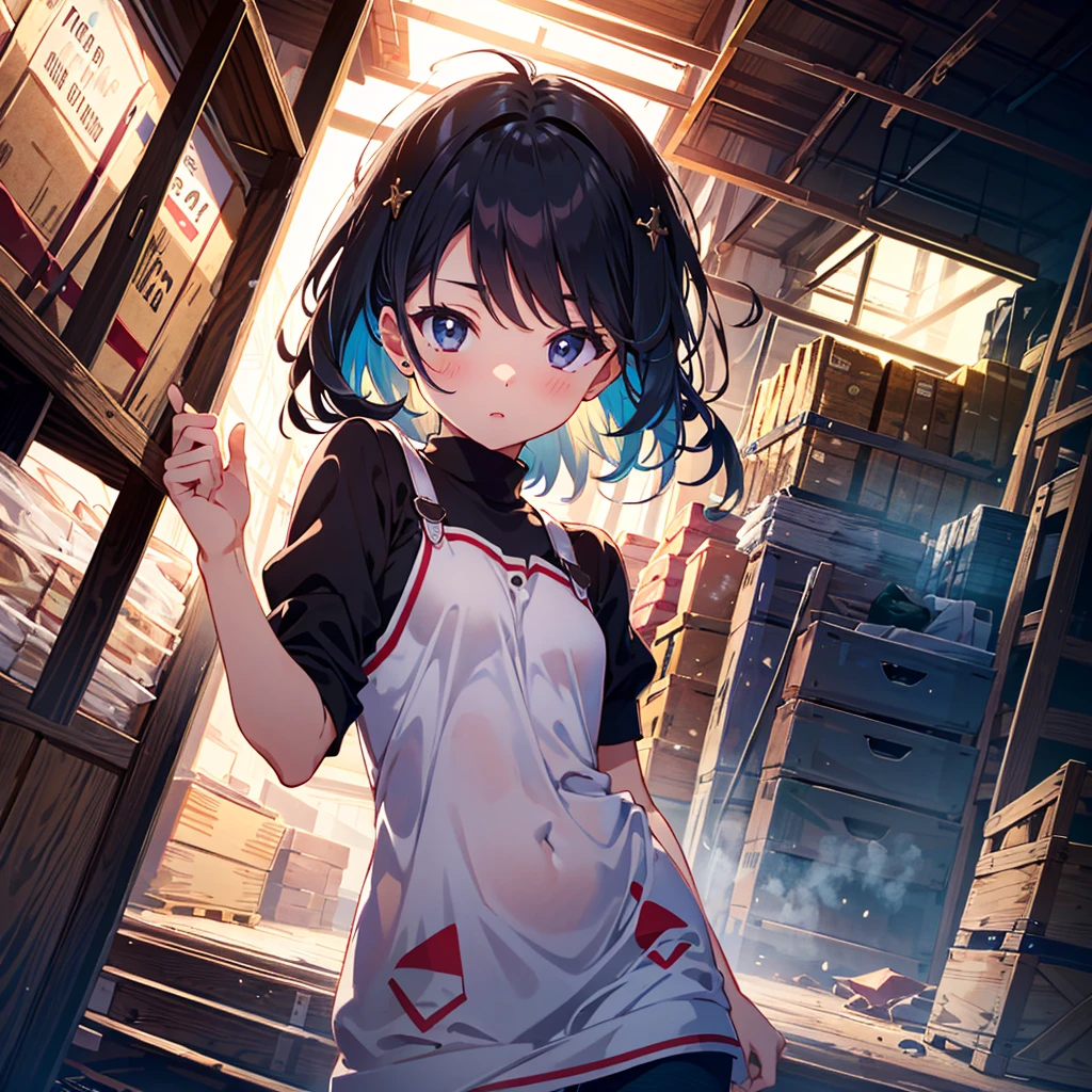 {{{Masterpiece, highest quality, high resolution background}}}, bright and beautiful atmosphere, 1 girl (, round face, baby face), small breasts, inside a warehouse, dimly lit, girl on a stepladder, right arm raised Raised up, holding album in hand, low angle, "deltamon_sdXL :0.73)>Deltamon"