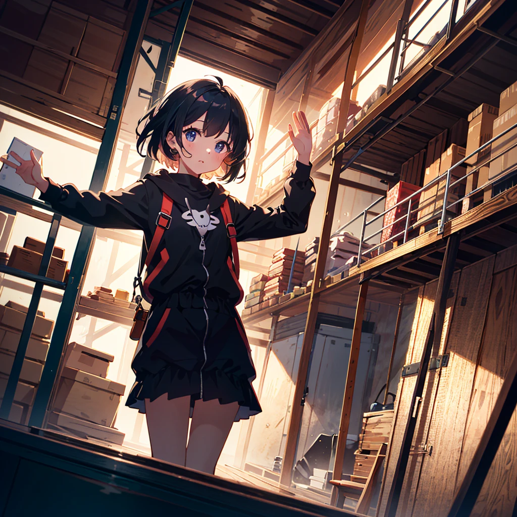 {{{Masterpiece, highest quality, high resolution background}}}, bright and beautiful atmosphere, 1 girl (, round face, baby face), small breasts, inside a warehouse, dimly lit, girl on a stepladder, right arm raised Raised up, holding album in hand, low angle, "deltamon_sdXL :0.73)>Deltamon"