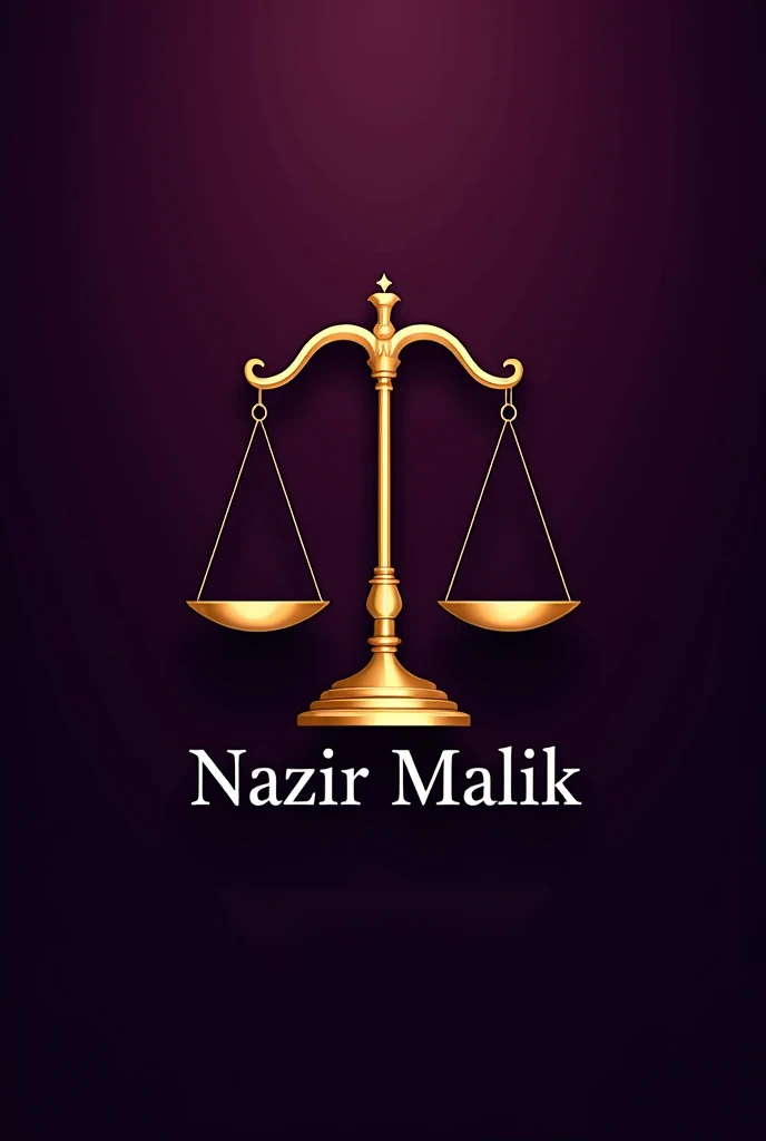 Golden Justice scale logo with "NAZIR MALIK" written in sliver color below it, with deep purple background
