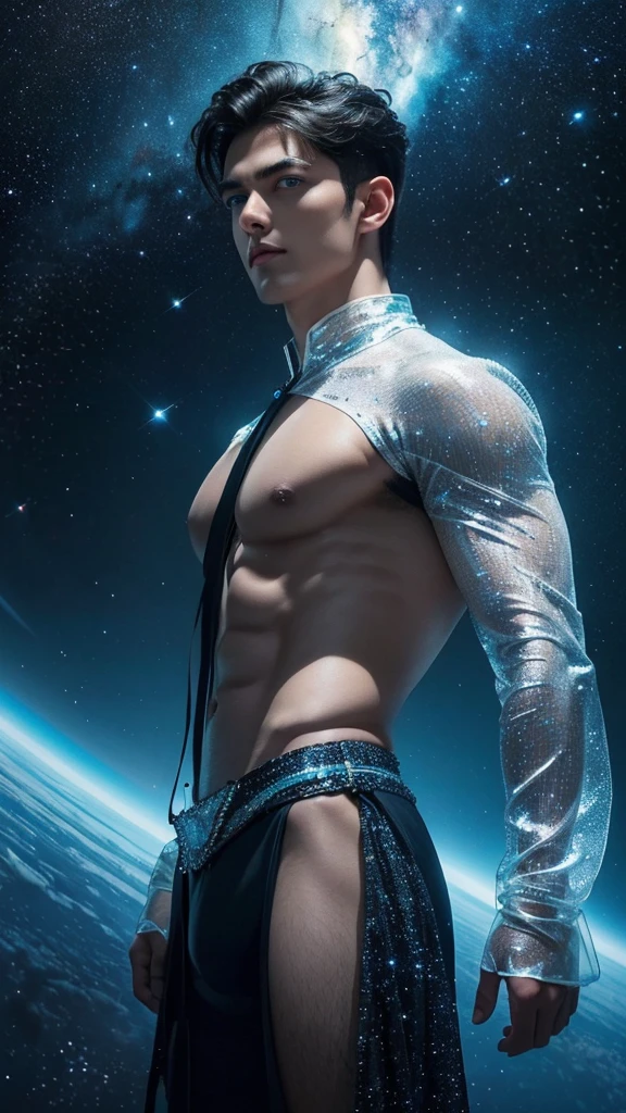 (masterpiece, high resolution, detailed:1.3), a mesmerizing depiction of a (strikingly handsome young man:1.2) donning (wearing transparent see-through futuristic clothes, bulge:1.2), standing against the backdrop of the vast and mysterious cosmos, breathtaking grandeur, LED internal lighting, cyberpunk style, fibre optic hair, glowing blue iris, muscular, best quality, masterpiece, His (toned physique:1.2) is bathed in the soft glow of distant stars, creating an otherworldly aura. As he gazes out into the depths of space, his (intense blue eyes:1.2) reflect the wonder and curiosity of his cosmic journey. The intricate details of his attire and the (subtle gleam:1.2) on his skin are meticulously captured, lending an air of realism to the scene. The celestial expanse behind him is a tapestry of (nebulous formations:1.2), (dazzling galaxies:1.2), and (shooting stars:1.2), a breathtaking testament to the beauty of the universe. This artwork melds the allure of a beautiful man with the awe-inspiring vastness of space, evoking a sense of both intimacy and grandeur. intricate details, dynamic pose, dynamic angle, (surreal), (illustration), ((oil painting \(medium\):1.2)), sharp focus, soft lighting, vibrant colors, cinematic photography, dynamic angle, volumetric lighting, film grain, hard shadows