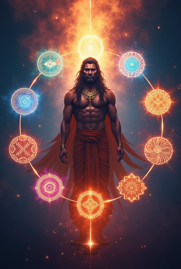 Navadattas Representation**: A visual representation of the eight Navadattas as abstract symbols or icons, each symbolizing different aspects like prosperity, peace, and health, arranged around an image of Hanuman Ji. In dall e-3 style