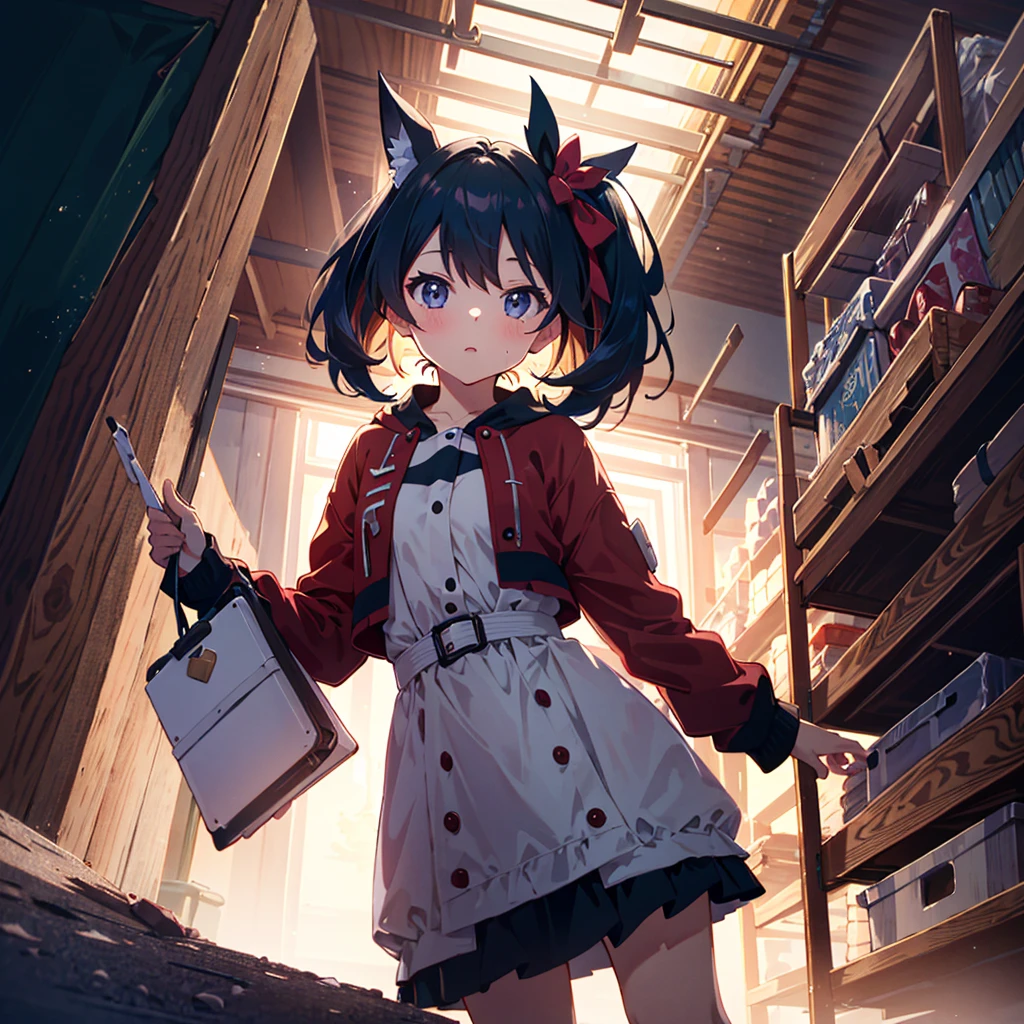 {{{Masterpiece, highest quality, high resolution background}}}, bright and beautiful atmosphere, 1 girl (, round face, ), small breasts, inside a warehouse, dimly lit, girl on a stepladder, right arm raised Raised up, holding album in hand, low angle, "deltamon_sdXL :0.73)>Deltamon"