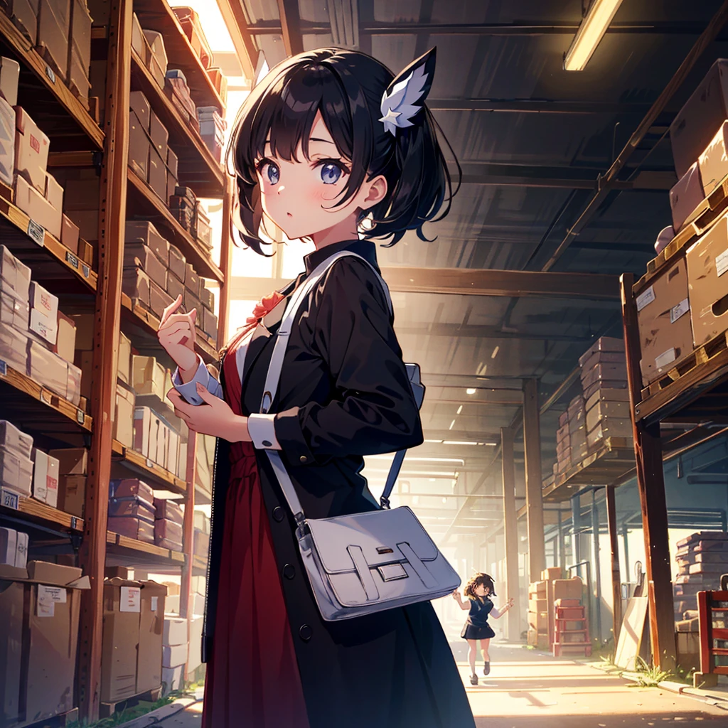 {{{Masterpiece, highest quality, high resolution background}}}, bright and beautiful atmosphere, 1 girl (, round face, baby face), small breasts, inside a warehouse, dimly lit, girl on a stepladder, right arm raised Raised up, holding album in hand, low angle, "deltamon_sdXL :0.73)>Deltamon"