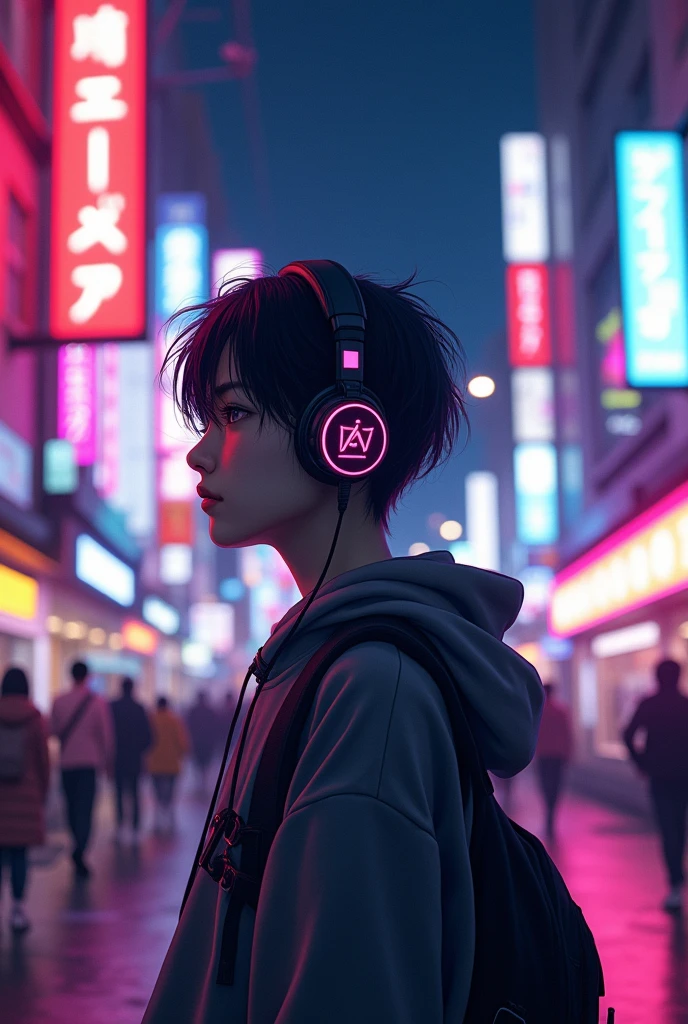 The beautiful neon lights of the big city at night、The protagonist is１８Year old Japanese、Listening to music with headphones、Slightly oversized clothes and pants、Wearing a hoodie、The neon lights are fantastic、