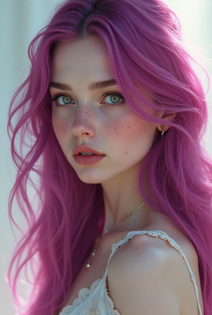 Creating a white woman, of 1,70 tall, green eyes with gray, with freckles on her face and long, deep fuchsia hair