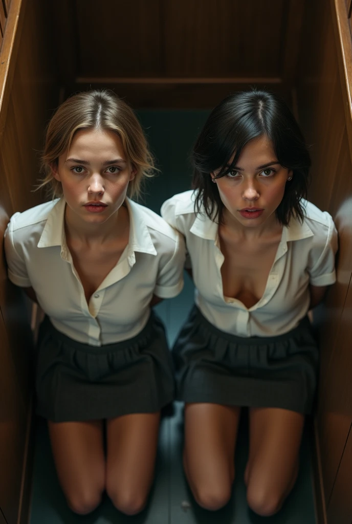 Realistic photo from above of two slim pretty Caucasian women. One has short light-brown hair. The other has short dark hair. They are wearing tight whiteey are not wearing a bra. They are wearing dark-grey ties. They are wearing dark-grey pleated skirts. They are kneeling in a church confessional booth. They are looking up to the viewer. They both have both hands behind their backs. Their mouths are slightly open. They are lit by the camera flash.