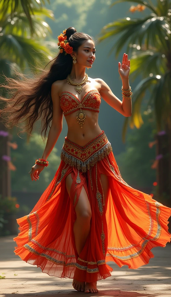 Image of lady in that is in belly dance costume with background full of gold coin , she looks happy and cheerful