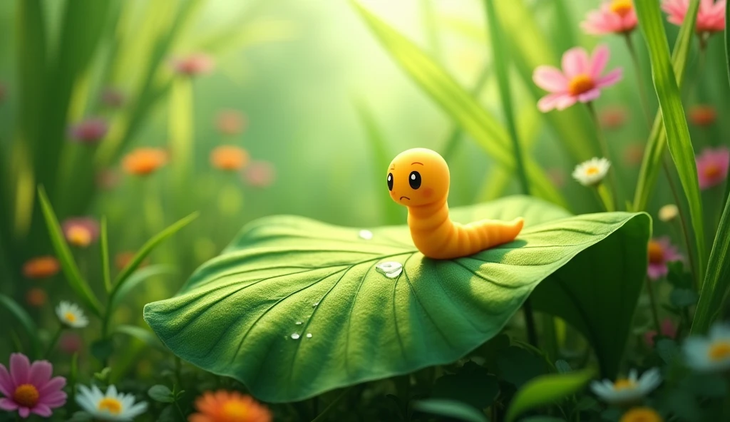 A lush, vibrant green garden full of flowers and tall grass, with a tiny worm named Wiggles a plain yellow worm crawling on a large leaf."
