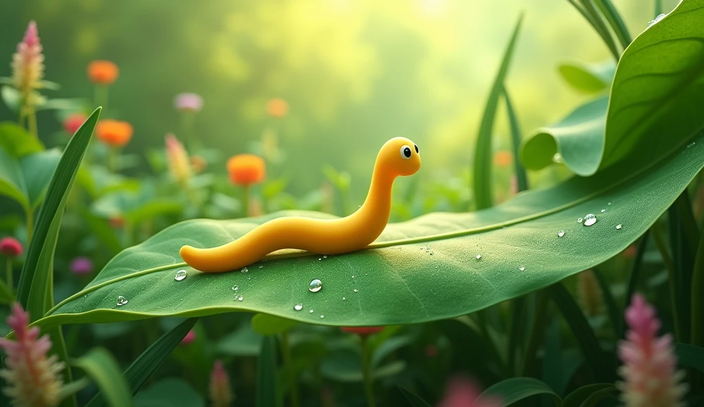 A lush, vibrant green garden full of flowers and tall grass, with a tiny worm named Wiggles a plain yellow worm crawling on a large leaf."
