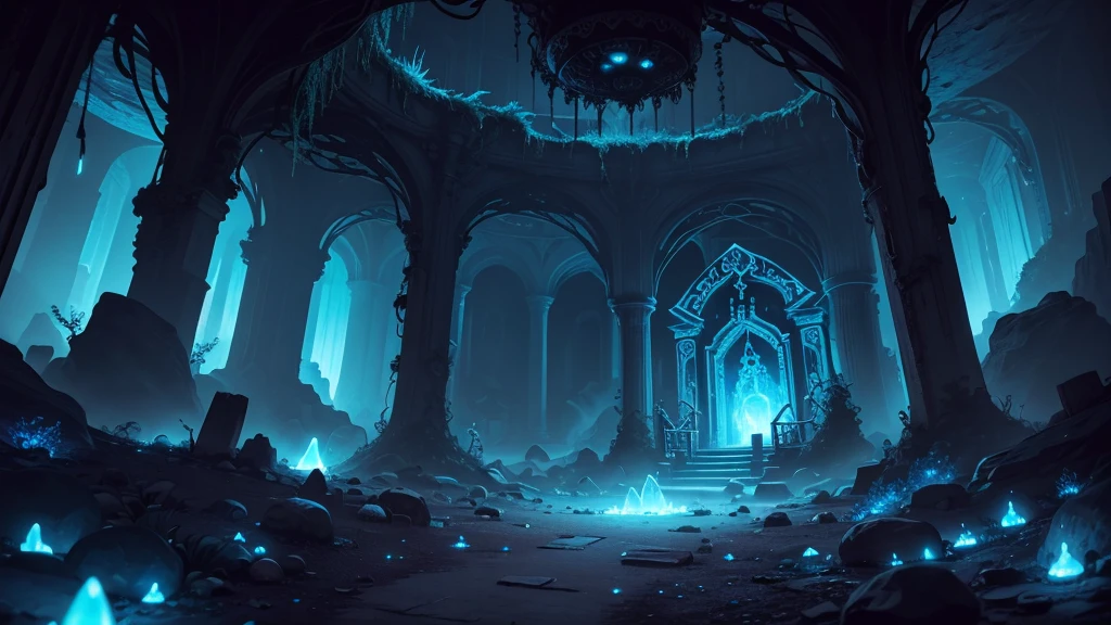 A forgotten temple deep within a cavern, illuminated by eerie, bioluminescent fungi and pulsating, magical symbols. The temple is filled with abandoned, arcane artifacts and a dark, swirling portal in the center of the chamber