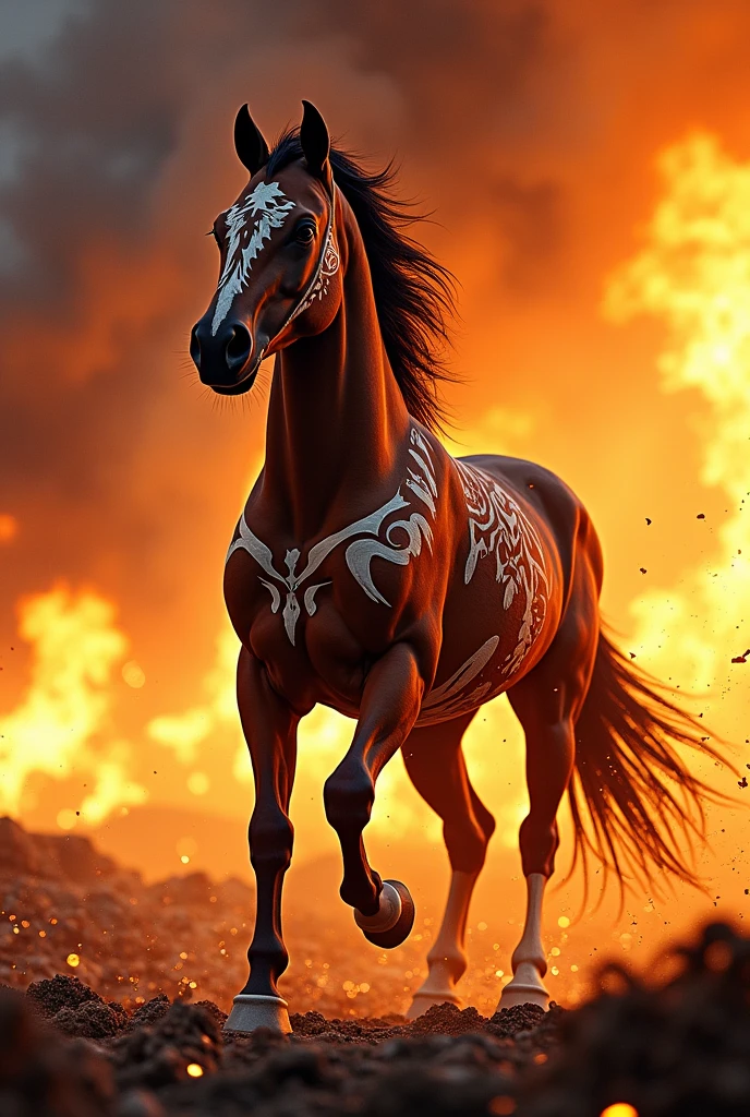 native american horse with war paintin an on fire