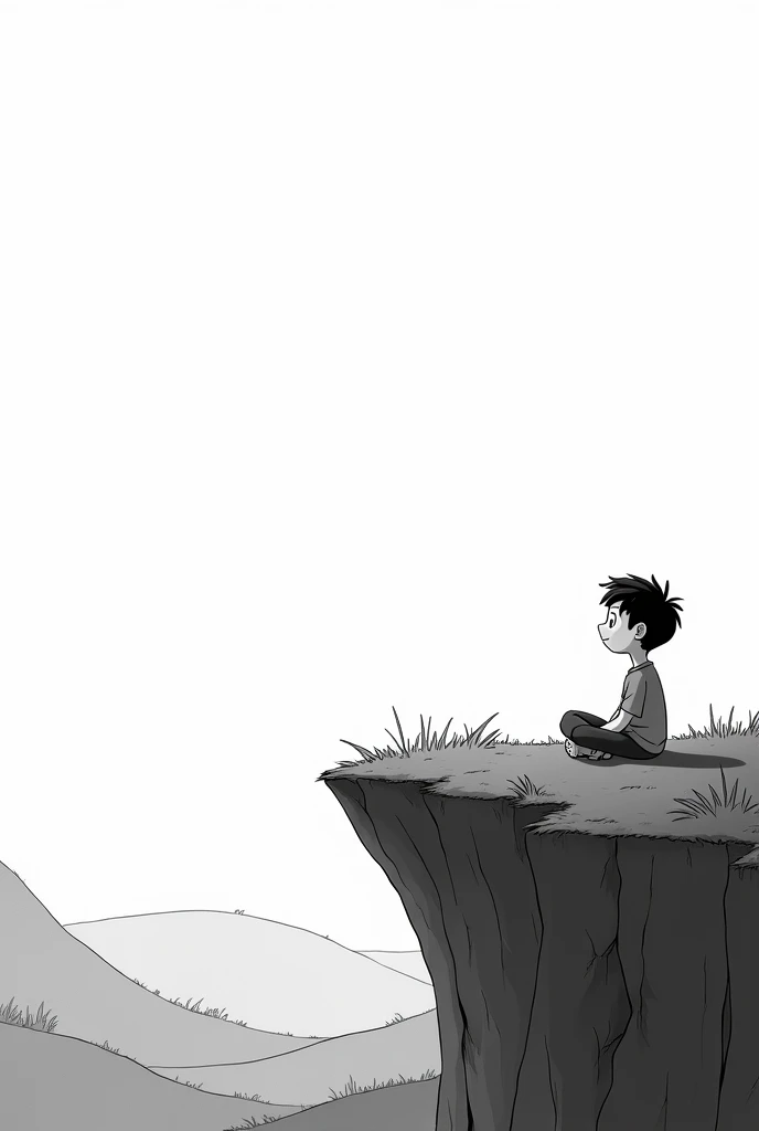 Edge of a hill in black and white in cartoonist way with a boy sitting