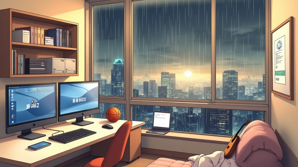 large bedroom, one desktop computer with two screens, 2 laptops, 1 phone (no-character:1.4), on the computers screens runs Linux and a development IDE, masterpiece, precision, anime art, picture from far, large windows, night outside, raining, from the window you can see the Tokyo city, there is a guitar, and a basketball. a shelve with clothes