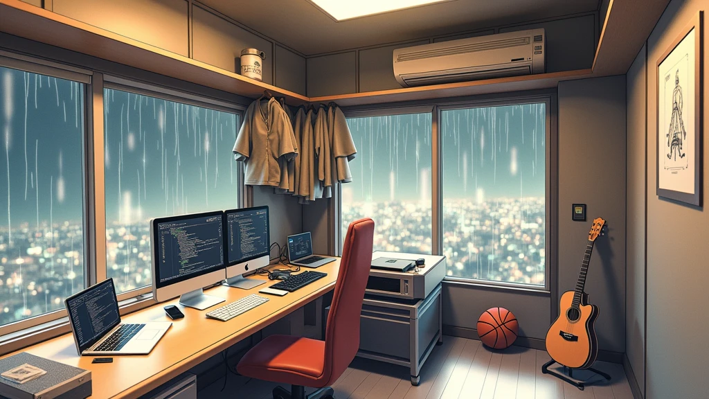 large bedroom, one desktop computer with two screens, 2 laptops, 1 phone (no-character:1.4), on the computers screens runs Linux and a development IDE, masterpiece, precision, anime art, picture from far, large windows, night outside, raining, from the window you can see the Tokyo city, there is a guitar, and a basketball. a shelve with clothes

