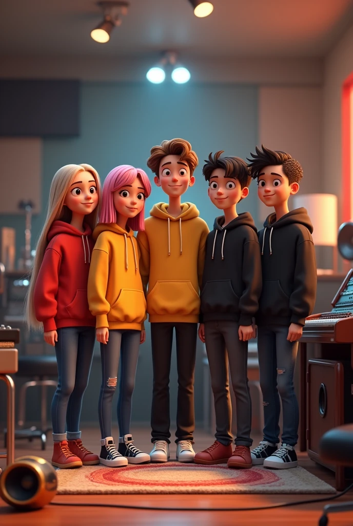 3D realistic animation,5 teenagers,first teenager(girl,long blonde hair,red hoodie,blue jeans).second teenager(girl,shoulder length pink hair,yellow hoodie,black jeans).third teenager (Guy,straight curly hair,black hoodie,blue jeans dongker).fourth teenager(Guy,negro,hair braid,black hoodie,black jeans).fifth teenager(Guy,Japan,black straight hair,black hoodie,blue jeans). standing in the music studio.