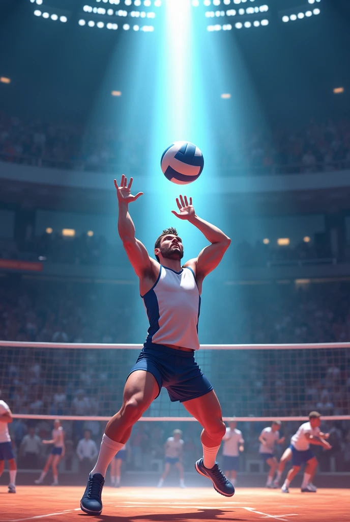 

Visualize the classic volleyball, with its white and blue panel design, illuminated by a bright beam descending from the top. Just under the ball, A male player prepares to finish by jumping The player, dressed in a sports shirt and shorts, has a dynamic posture, with one foot forward and the other pushing off the ground. His arms are raised, ready to hit the ball with energy. The expression on his face denotes concentration and determination.. Around it, You can see a volleyball court with a net and a lively crowd in the background, who watches with expectation. 

The contrast between the player&#39;s calm and the lightning&#39;s energy creates an exciting and action-packed scene.. And in the background let the text be " WELCOME TO THE RAYOS TEAM"