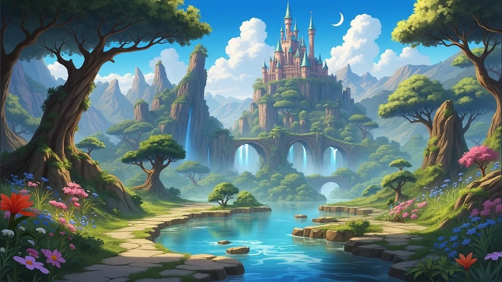masterpiece, best quality, number, illustration, Anime style background, landscape, a castle in the middle of a forest, fantasy art, fantasy scenic, fantasy art landscape, fantasy castle, fantasy art style, fantasy landscape, impressive fantasy landscape, magical landscape, river